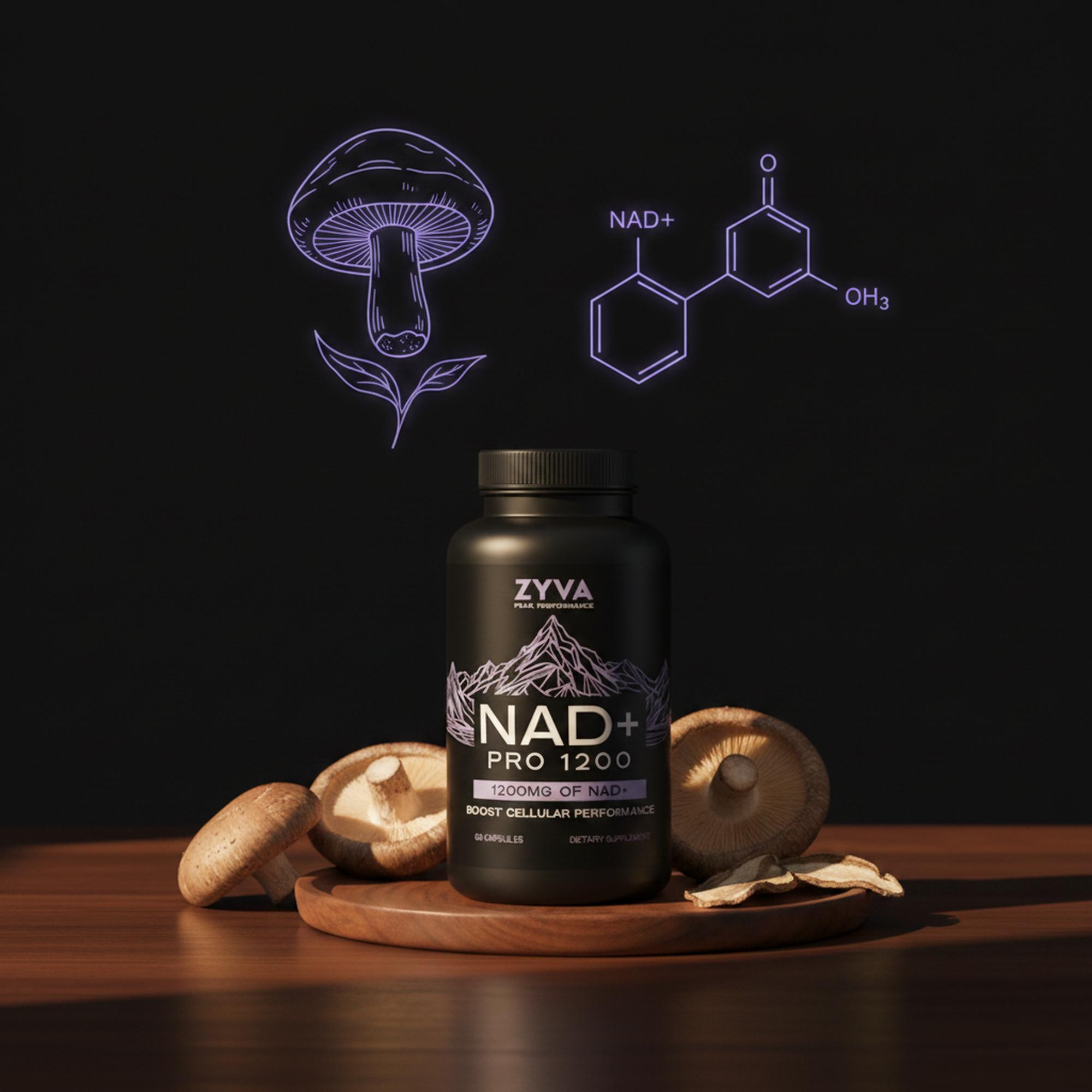 ZYVA NAD+ Pro 1200 on a wood plate with shiitake mushrooms, purple mushroom illustration and NAD+ chemistry diagram in the background
