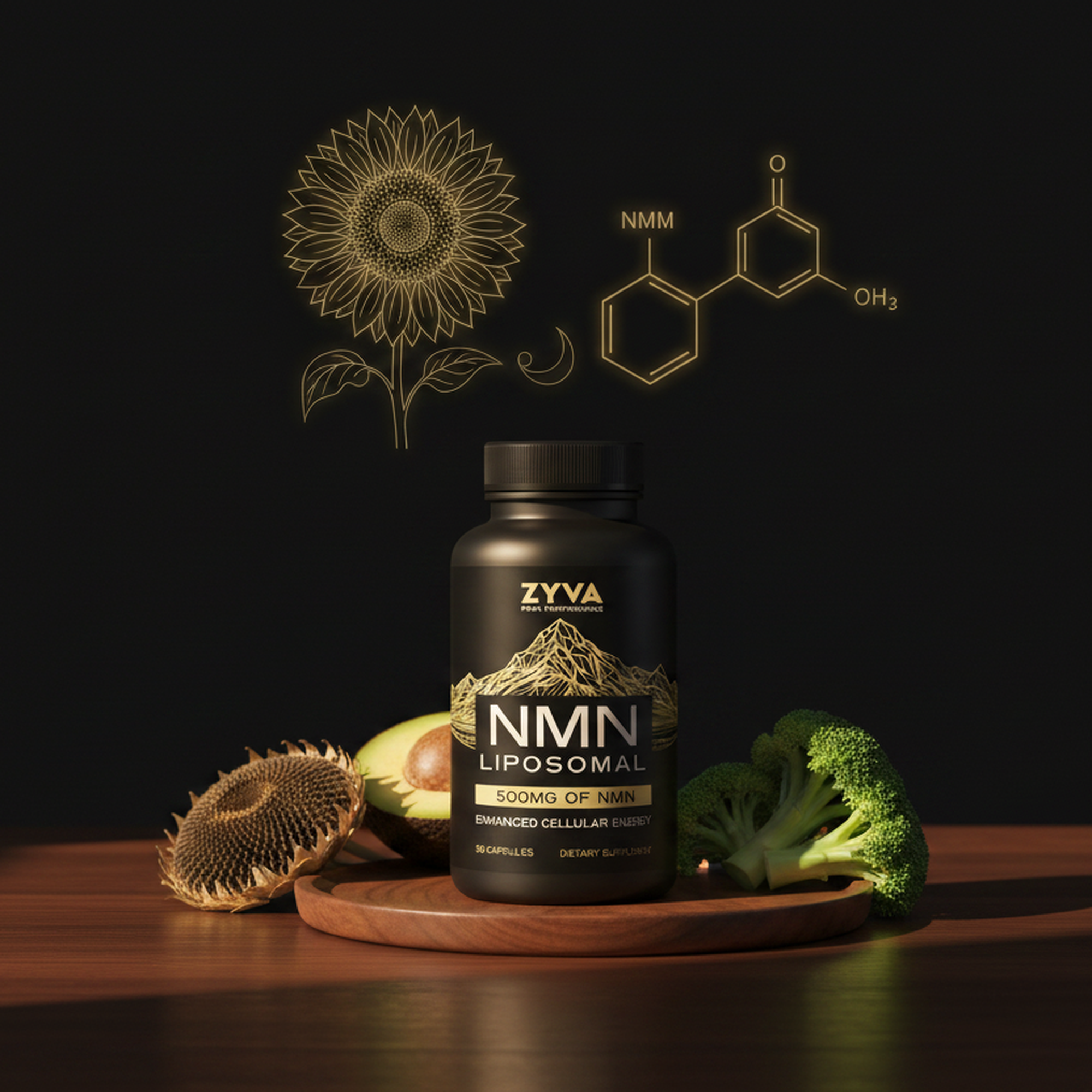 ZYVA NMN Liposomal on a wood plate with sunflower head, avocado, and broccoli, gold sunflower illustration and NMN chemistry diagram in the background