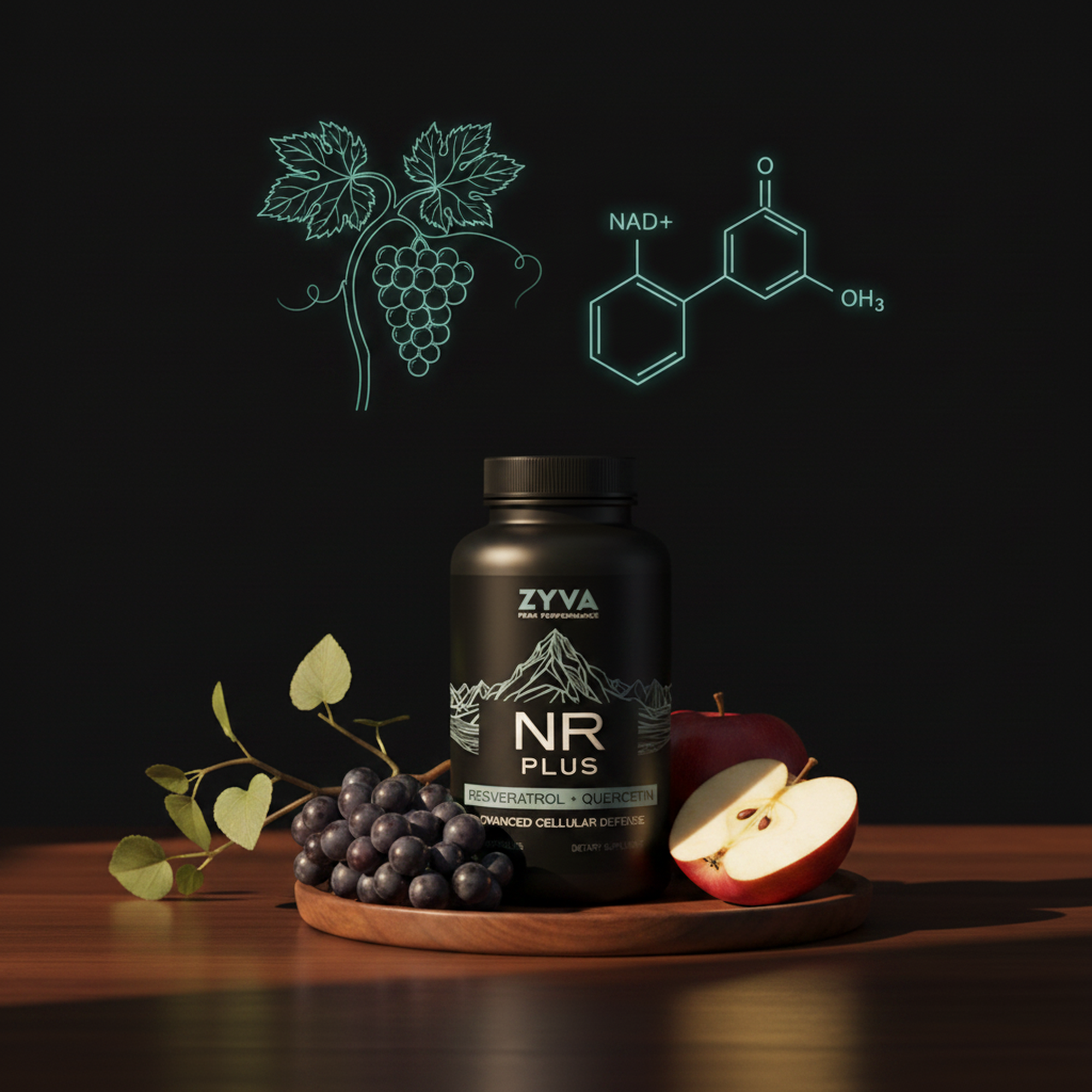 ZYVA NR Plus on a wood plate with grapes and apple, teal grape vine and chemistry diagram in the background