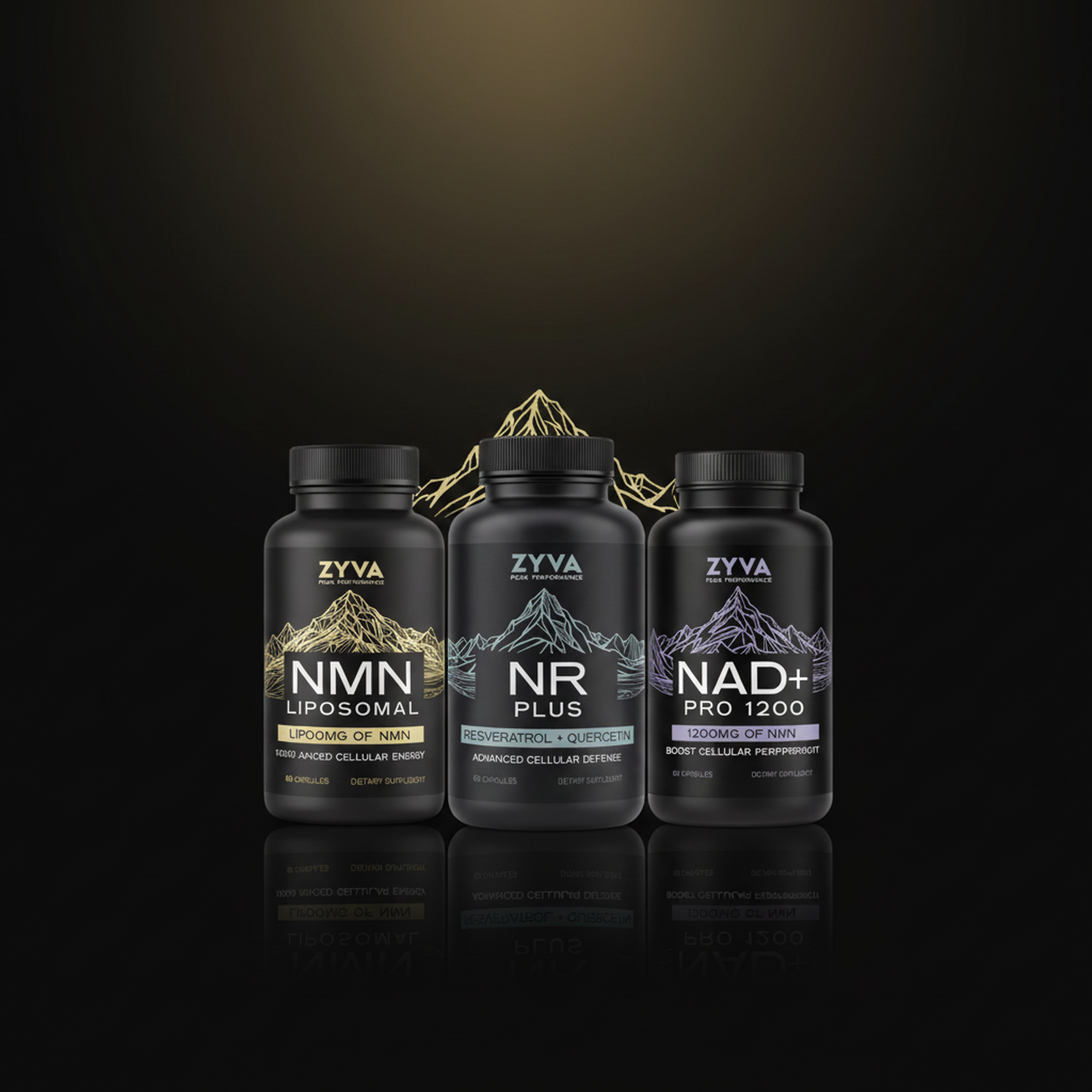 ZYVA NMN Liposomal, NR Plus, and NAD+ Pro 1200 in a row, mountain mark glowing gold behind them on a dark editorial backdrop